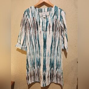 Peck And Peck Linen V-neck Shift Dress 3/4 Sleeve White Teal Brown Size small